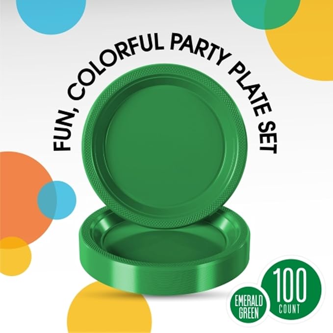 Exquisite Party Solids Emerald Green Plastic Plates For Party 9" Emerald Green Disposable Plates Heavy Duty Supplies 100 Pcs Plastic Dinnerware Sets Heavy Duty 350 GSM Disposable Dinnerware Set