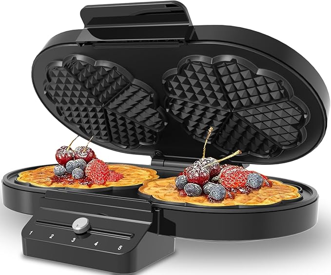Electric Waffle Maker Heart-Shaped: 2 Non-Stick double-Side Heating Plates with 5-Setting Adjustable Browning Control for Fast Heating - No Flip Design & Compact Storage for Busy Families