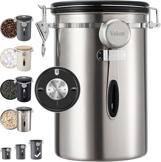 Veken Coffee Canister, 39OZ Large, Airtight Stainless Steel Food Storage Container for 2.2lbs Coffee Beans, Ground, Sugar, Tea, Flour, Rice, Cereal, Cookies Jars, Bar Accessories & Gifts, Silver