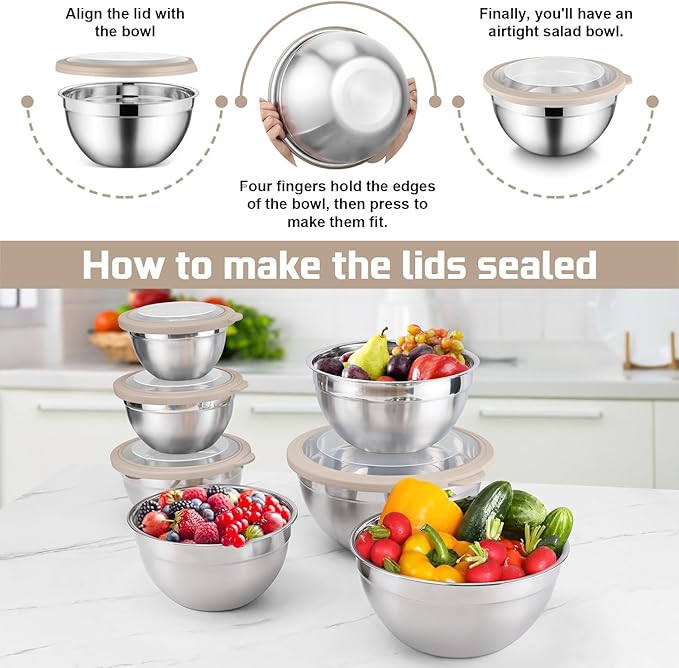 E-far Stainless Steel Mixing Bowls with Airtight Clear Lids Set of 7, Metal Nesting Bowls for Kitchen Prep, Baking, Cooking, Serving, Salad, Dishwasher Safe, Size 4.6, 3.5, 3, 2, 1.5, 1, 0.7QT, Khaki