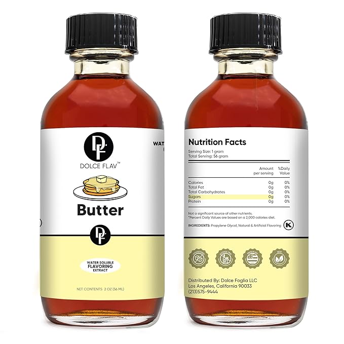 Dolce Flav Butter Extract – 2 Ounce Water-Soluble Kosher, Sugar-Free, Concentrated Imitation Butter Flavor for Baking, Cookies & Frostings, Includes Measured Dropper