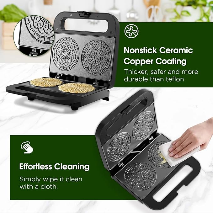 Pizzelle Maker Machine, Mini Non-stick Electric Pizzelle Cookie Baker for Holiday, Party, Treat (Ceramic Coating, 2 * 4") (ceramic coating)