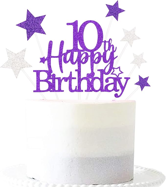 Glittery 10th Happy Birthday Cake Topper with Star,Personalised 10 Birthday Cake Toppers Party Decorations Party Supplies for Boys Girls Purple Silver
