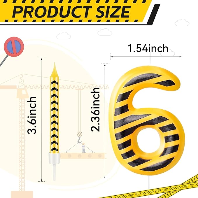13 Pcs Construction Themed Birthday Candles Set Yellow and Black Number 6 Candle Cake Topper for Construction Party Decoration Supplies (Number 6)