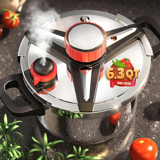 Pressure Cooker 6.3QT, [Save 70% Cooking Time] Stainless Steel Pressure Canner with Triple-Layer Steel Body [One Hand Operation] Rotating Lock/Unlocking Lid System Steam Rack Included Olla De Presion