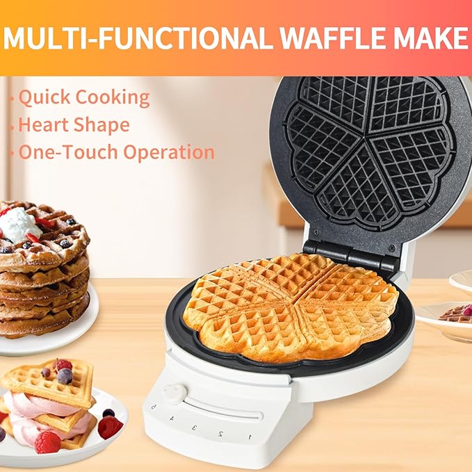 Electric Heart-shape Waffle Maker: 5-Temp Control & Fast Heating - White Round Shape with Non-Stick Scratch-Resistant Coating for Belgian Waffles （Single-plate）