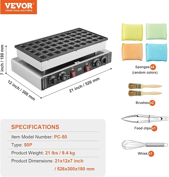 VEVOR 110V Mini Dutch Pancake Baker, 50PCS 1700W Commercial Electric Nonstick Waffle Maker Machine, 1.8 Inches Pancake Maker with 2 Thermostats & 2 Timers Separate Control, for Home and Restaurants