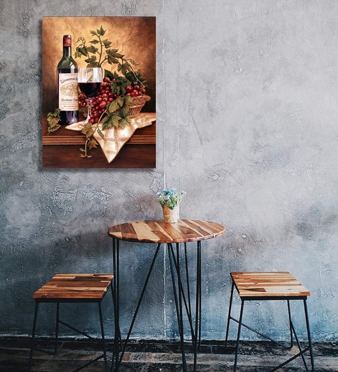 Looife Vintage Wine Bottle & Grapes Canvas Wall Art - Kitchen, Dining Room, Bar Decor - 18x24 inch, Ready to Hang Modern Art Deco