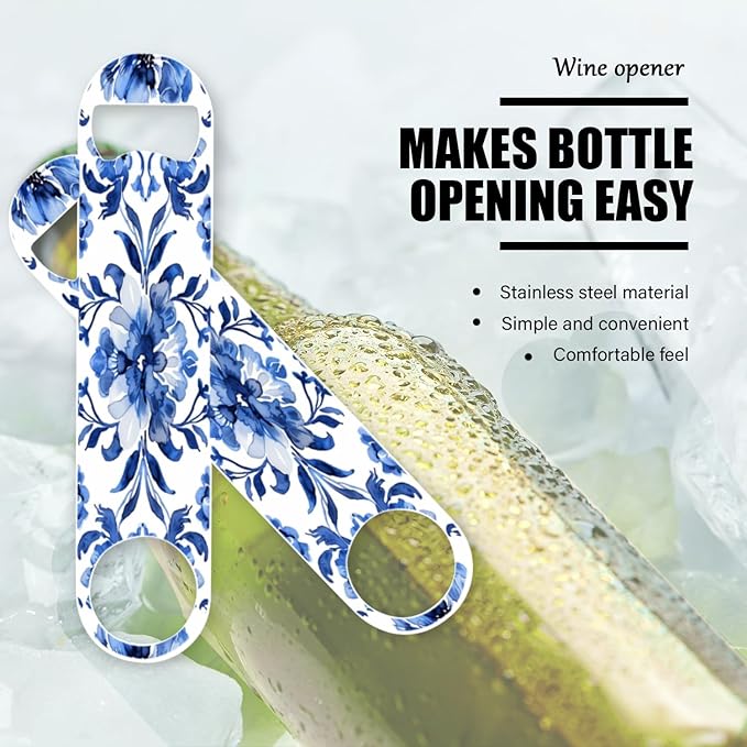 2 PACK Beer Bottle Opener, Stainless Steel Flat Bottle Openers,7 inch Metal Decor,Blue And White Hand-Painted Flower