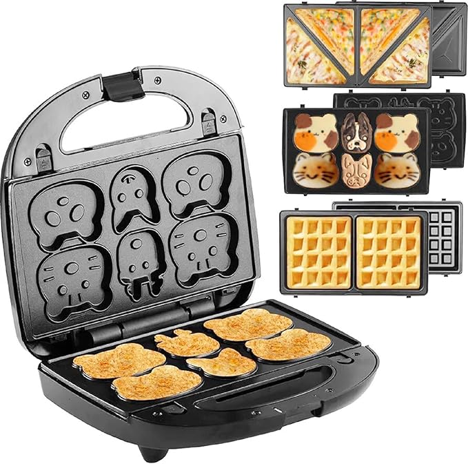 3-in-1 Sandwich,Waffle & Cute Animal Pancake Maker,Multifunctional Breakfast Machine Set with Removable Panel Non-Stick Plates for Grilled Cheese,Tuna Melts,Burgers,Steaks and Snacks,Home,Commercial