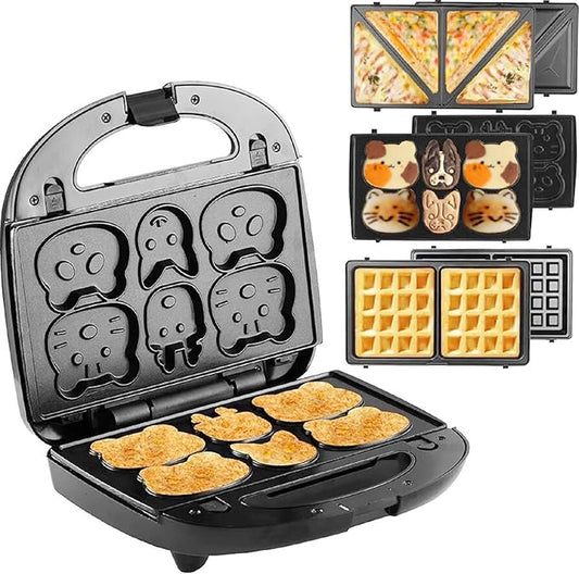 3-in-1 Sandwich,Waffle & Cute Animal Pancake Maker,Multifunctional Breakfast Machine Set with Removable Panel Non-Stick Plates for Grilled Cheese,Tuna Melts,Burgers,Steaks and Snacks,Home,Commercial