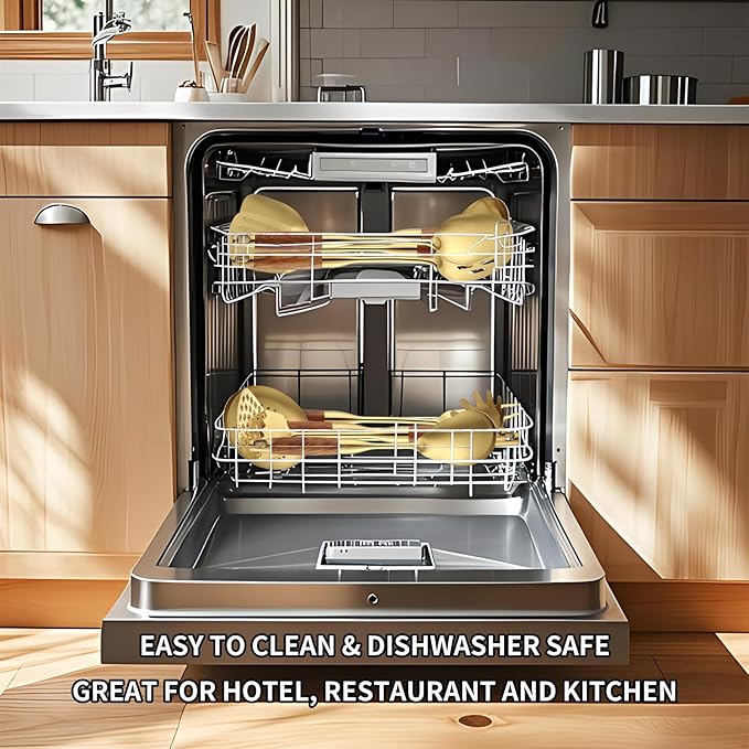 Stainless Steel Kitchen Utensils Set with Wood Handle, 18/10 Metal Cooking Utensils Set, 10-Piece - Spatula, Spoon, Ladle, Skimmer, Slotted Turners, Pasta Server, Fork, Masher(Dishwasher Safe)