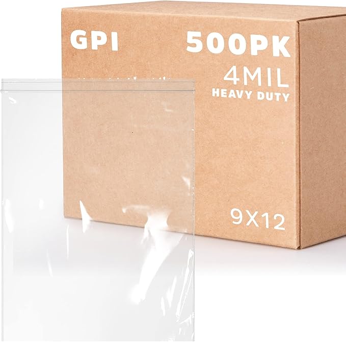 GPI - 9" X 12" - Bulk Pack of 500, 4 Mil Thick, Heavy Duty, Clear Plastic Reclosable Freezer Zip Bags, Strong & Durable Poly Baggies with Resealable Zipper Top Lock.