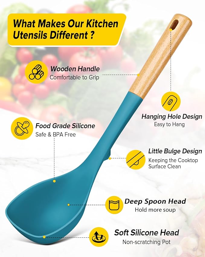 Silicone Soup Ladle and Spaghetti Spoon Set with Wooden Handle, Non Stick Heat Resistant Kitchen Utensils for Cooking, Stirring, Serving Pasta, Soup & Sauce(BLUE)