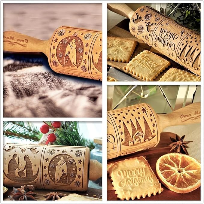Christmas Wooden Rolling Pin for Baking,Engraved Embossing Rolling Pin Cookie Stamps Roller Square Grid Cookies Mold Kitchen Decor Tools for Kids Adults(Jesus Nine Palaces)