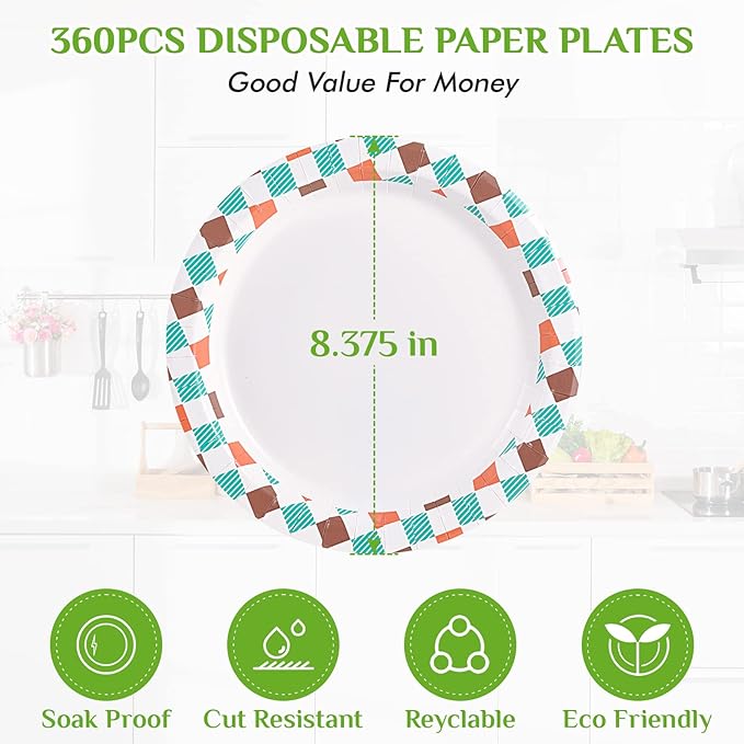 FOCUSLINE 360pack Paper Plates 8.375 Inch, Disposable Paper Plate Bulk 360 Count, Soak-Proof & Cut-Proof Bulk Plate for Parties, Picnic and Family Gatherings.