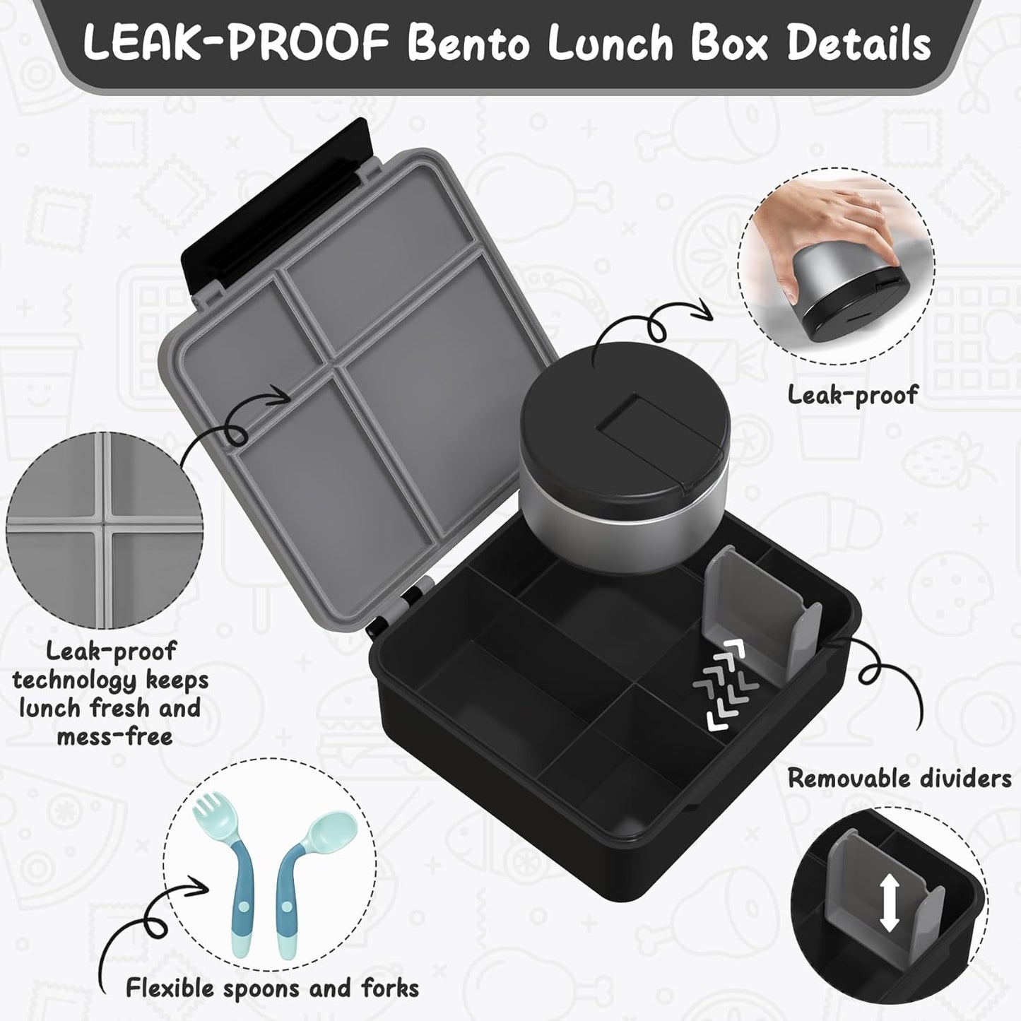 Bento Lunch Box with 8oz Soup Thermo, Leak-Proof Lunch Containers with 4 Compartment, Thermo Hot Food Jar and Insulated Lunch Box for School Black
