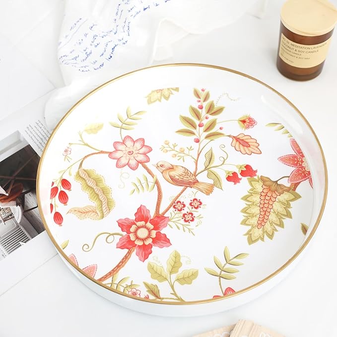 Spsyrine Decorative Serving Tray with Handles, Lacquered Coffee Table Tray for Ottoman, Round Waterproof Platters for Centerpieces, Parties, Living Room, Kitchen Counter Organization Yellow