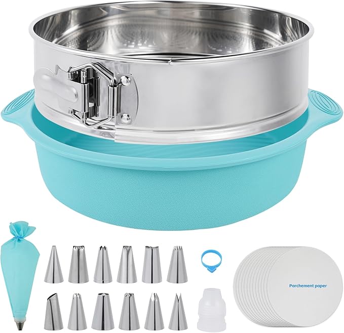 Aufind Springform Cake Pan 9 Inch, 304 Stainless Steel Baking Pan with Removable Bottom, Leakproof Nonstick Design Includes 12 Piping Tips, Silicone Mold and 50 Parchment Papers (9" Cake pan)