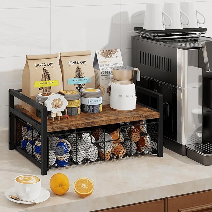 Homode Tea Bag Organizer, Wood Tea Organizers and Storage Chest, Teabag Holder with Storage Drawer,Tea Station Chest Display Container Box for Countertop Kitchen, Rustic Brown