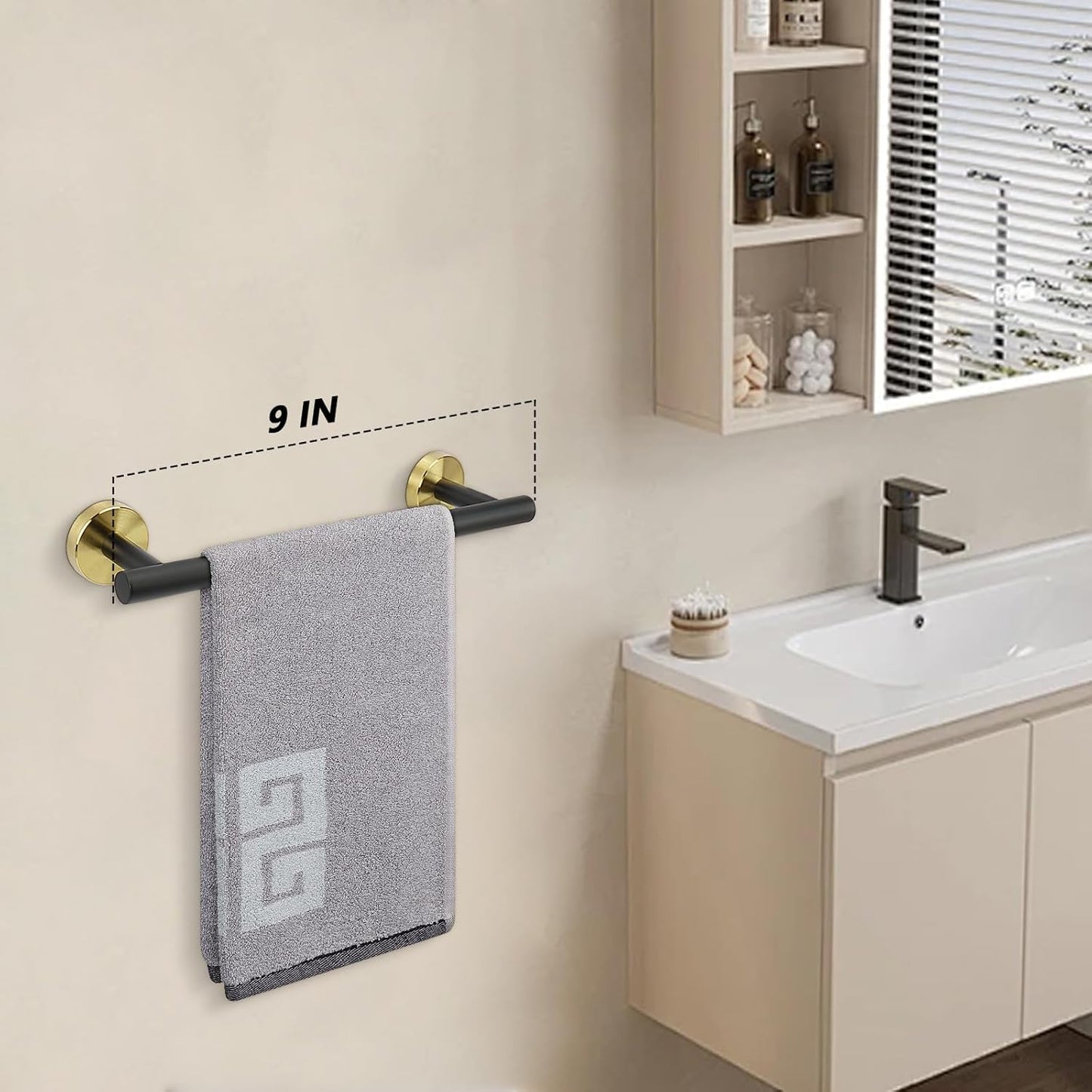 NearMoon Bath Towel Bar, Bath Accessories Thicken Stainless Steel Shower Towel Rack for Bathroom, Towel Holder Wall Mounted (1 Pack, Matte Black & Gold, 9 Inch)
