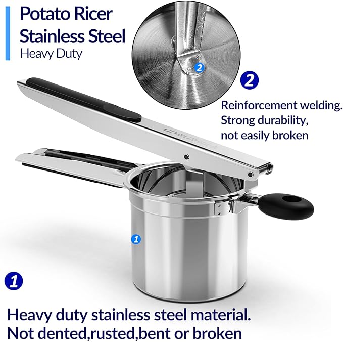 Potato Ricer, Ricer for Mashed Potatoes, 3 Interchangeable Discs Potato Masher Stainless Steel for Fluffy Mashed Potatoes, Heavy Duty Spaetzle Maker with Silicone Handle, for Gnocchi Spaghetti