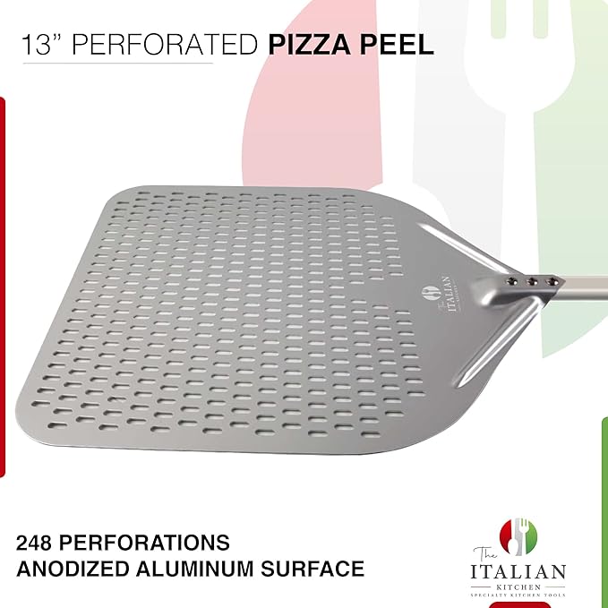 Perforated Pizza Peel 13"W x 16.7"L- Professional Restaurant Grade Large Metal Pizza Peel - 45.7" or 29.7" Long Handle Aluminum Turning Peel - Commercial Pizza Paddle