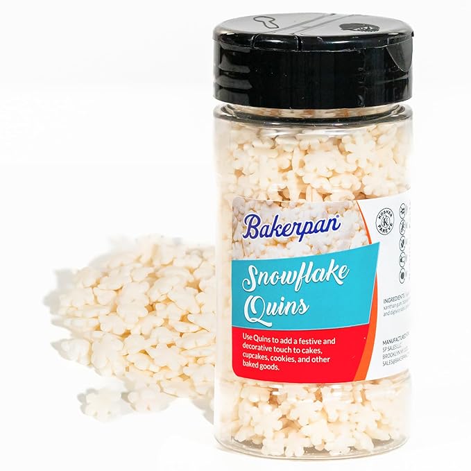 Bakerpan Quins Sprinkles for Cake Decorating - Snowflake Sprinkles 3.5 Ounces - Snowflake Confetti Edible Quins for Cupcakes, Ice Cream (Made in USA)