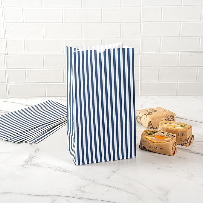 Restaurantware Bag Tek 12 LB Disposable Lunch Bags 100 Sturdy Take Out Bags - Flat Bottom Great For Restaurants Cafes And Bakeries Blue And White Paper Popcorn Bags Versatile For Grocery