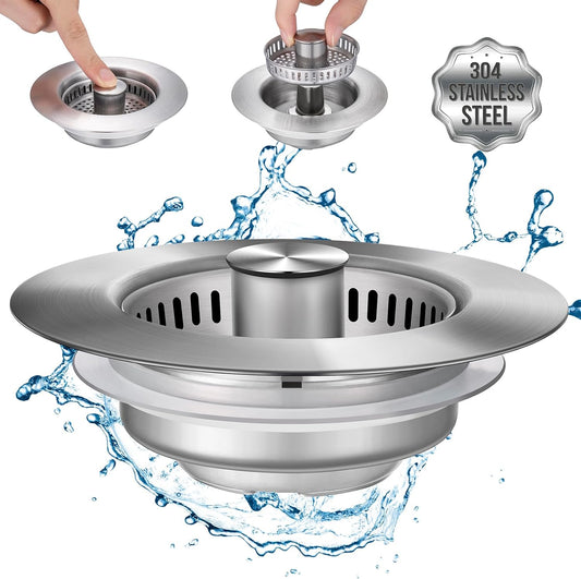 Upgraded 3 in 1 Kitchen Sink Drain Strainer - Stainless Steel Sink Stopper, Anti-Clogging Sink Food Catcher Basket, Fast Drainage Odor Filter Sink Plug for US Standard 3 1/2 inch Drain (Silver-1Pack)