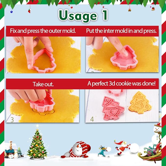 Leesgel Christmas Cookie Cutters, 3D Christmas Holiday Cookie Cutters Shapes with Santa/Xmas Tree/House/Deer, Christmas Party Decorations Ornaments