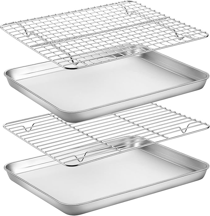 Baking Sheet with Rack Set, Yododo Set of 4 (2 Sheets + 2 Racks), Stainless Steel Cookie Sheet Baking Pan Tray with Cooling Rack, Non Toxic & Heavy Duty & Easy Clean - Size of 12 inch
