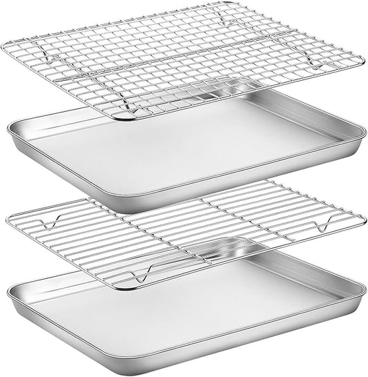 Baking Sheet with Rack Set, Yododo Set of 4 (2 Sheets + 2 Racks), Stainless Steel Cookie Sheet Baking Pan Tray with Cooling Rack, Non Toxic & Heavy Duty & Easy Clean - Size of 12 inch