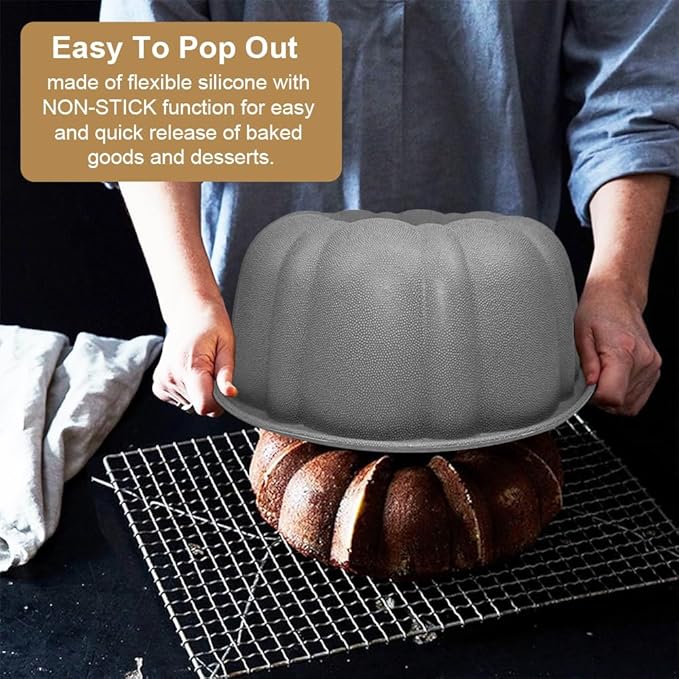 10 inch Silicone Bundt Cake Pan, Non-Stick Silicone Fluted Pans, ome Baking DIY Cake Mold for Cake, Jelly, Bread, Chocolate, Para Gelatinas (Red) (Grey, 1 Pack)