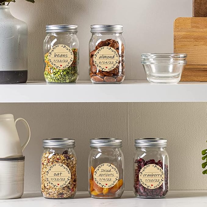 500pcs 2" Label Stickers for Jars and Lids, Wreath Design with 3 Lines for Writing, Kraft Sticker Labels Pantry Labels, Mason Jar Labels Canning Labels Bottle Labels