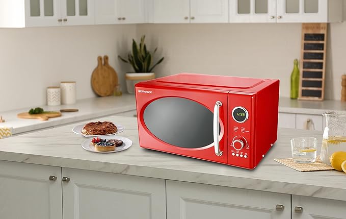 Emerson MWRG0901RD Retro Compact Countertop 800W Microwave Oven with 1,000W Grill Function, LED Display 5 Power Levels, 8 Auto Menus, Glass Turntable and Child Safe Lock, 0.9 Cu. Ft, Red