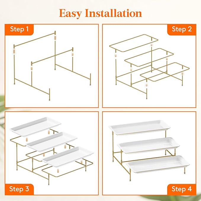 Lifewit Plastic 3 Tier Serving Tray for Party Supplies, 14" x 6.5" Crack-Proof Platters for Serving Food, White Reusable Trays with Yellow Metal Display Stand for Veggie, Fruit, Cookies, Dessert