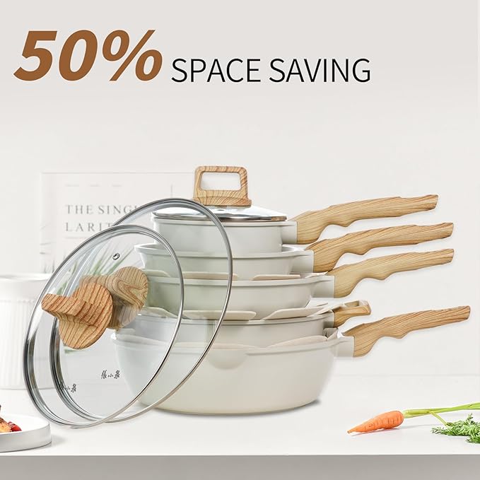 ZHANG XIAO QUAN SINCE 1628 Pots and Pans Set with Lids, 14 PCS Cast Aluminium Non Stick Ceramic Coating Granite Cookware Set, Non-toxic Kitchen Essentials, Beige