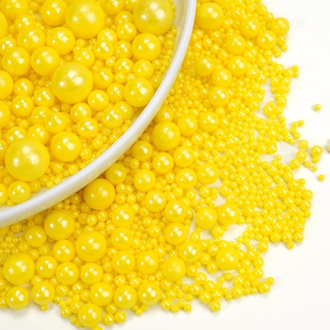 Dazzjoy Edible Pearls, Yellow Pearl Sugar Sprinkles, 130g/4.58oz, Yellow Ball Pearls for Cake Decorating, Cupcake Toppers, Edible Cake Decoration