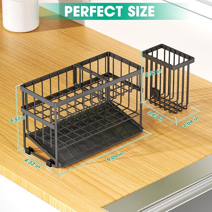 Sponge Holder for Kitchen Sink, 2 Tier Sink Caddy Organizer with High Brush Holder, Self-Draining Sponge Holder for Sinks, Soap Dispenser Organizer, Rustproof 304 Stainless Steel, Gray