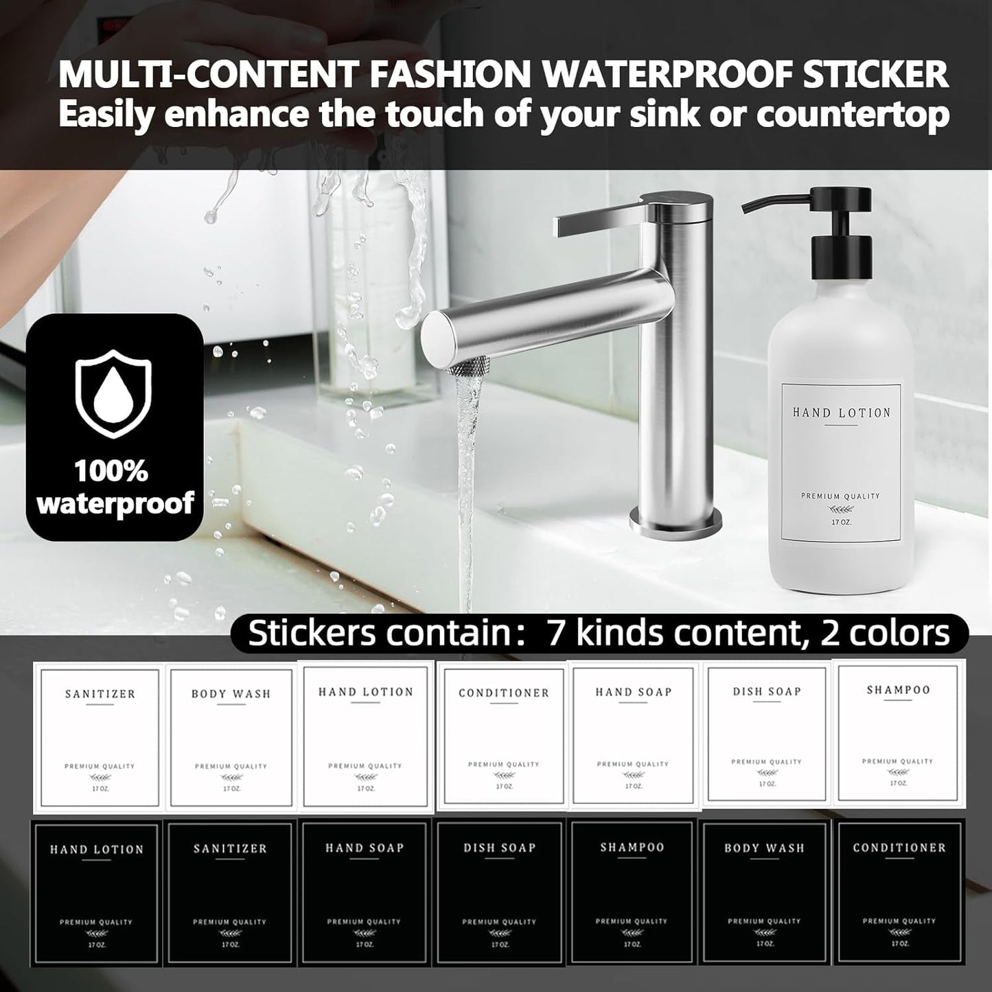 Kitchen Soap Dispenser - Hand and Dish Soap Dispenser Set, Bathroom Glass Soap and Lotion Dispenser with Pump, Tray, 14 Waterproof Labels, Set of 2 White Bottle/Black Pump-pd