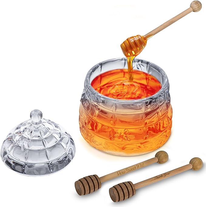 M&N HOME Honey Dish with 3 Dippers, Honey Jar, Large Glass Honey Pot storage with Lid and Inscribed Wooden Honey Dippers, Glass Honey Dispenser Thank You Gift,
