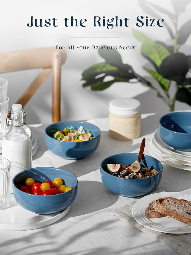 DOWAN 22 OZ Ceramic Soup Bowls & Cereal Bowls - 6" Classic Bowls Set of 4 for Soup, Cereal, Oatmeal, Fruit, Rice - Dishwasher & Microwave Safe (Airy Blue)