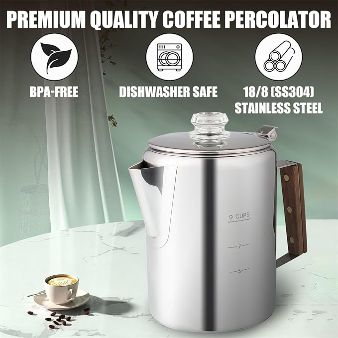 Percolator Coffee Pot Using on Induction Cooker & Campfire Stove, Stainless Steel Camping Coffee Pot Coffee Maker with Tempered Borosilicate Glass Knob Top NO Aluminum NO Plastic 9 Cup