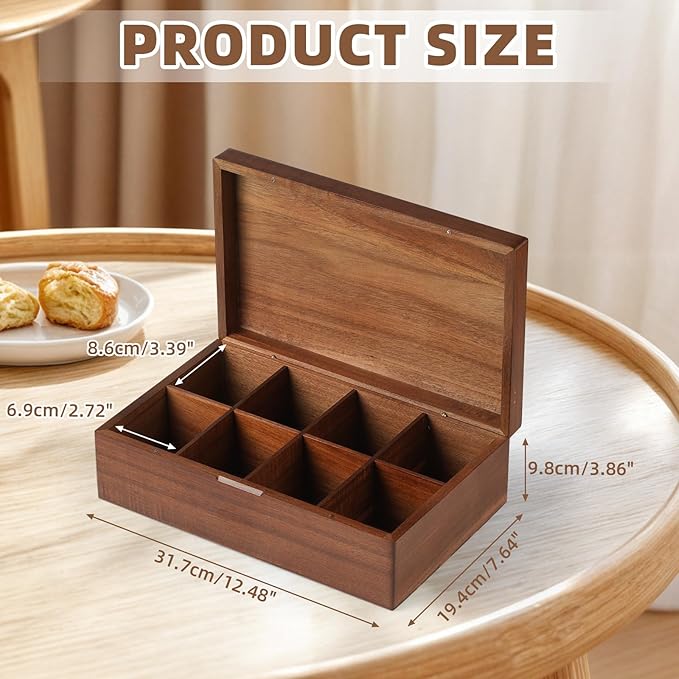 Acacia Wood Tea Bag Organizer, 8 Compartments Tea Box Organizer Storage Box, Tea Box for Tea Bags Chest, Tea Bag Holder with Magnetic Lid for Beverage Supplies, Sugar, Sweeteners, Individual Packets