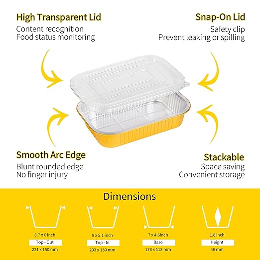 Aluminum Pans with Lids Heavy Duty (40 Pack + 40 Lids, 8.7"×6") 2.25 LB Capacity Foil Food Containers with Lids, Disposable Tin Foil Pans with Lids for Baking, Meal Prep, Freezer, Heating and Takeout