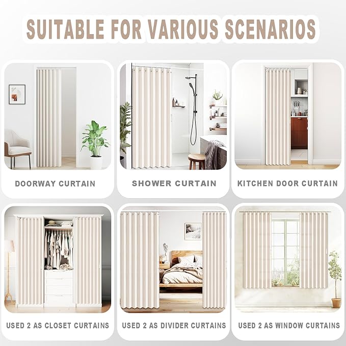 Vatge Accordion Style Door Curtains for Doorways - Laundry Room Curtains for Doorway, Folding Accordion Doors for Closets with No Door, 1 Panel with Tieback, W52 x L78, Beige