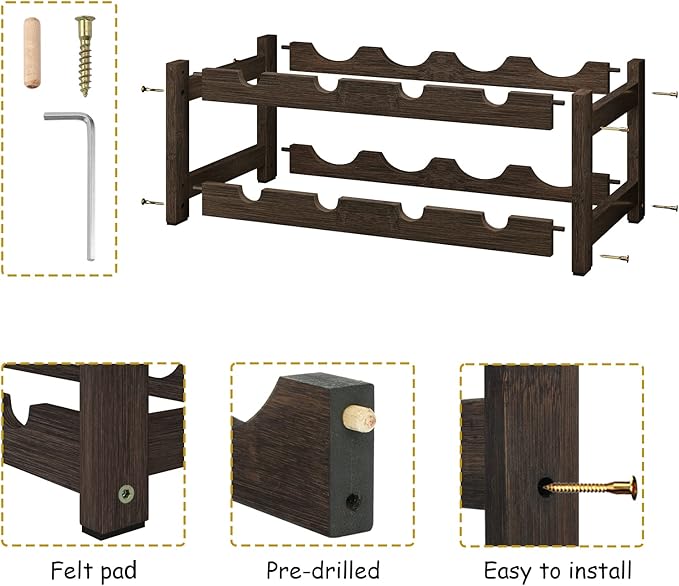 BAMEOS Wine Rack Freestanding 2 Tier 8 Bottle Bamboo Wine Racks Countertop Cabinet Wine Holder Wine Storage Shelf for, Bar, Pantry Wine Cellar Basement Countertop Mocha (16.85 L x 9.25W x 7H