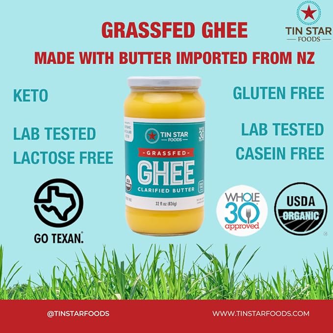 Tin Star Foods Grassfed Organic Ghee –365 Pasture Grazed, Hand Crafted Clarified Butter – Keto, Whole 30 and 21 Day Detox Approved, Lactose Free, Casein Free, – 32 fl oz