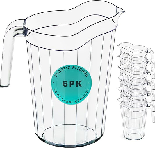 DecorRack 6 Pack - 75 oz Polycarbonate Plastic Pitcher Beverage Dispenser with Pour Spout Shatterproof Catering and Restaurant Serveware for Cold Drinks, Water, Lemonade, Beer, and Sangria (6 Pack)